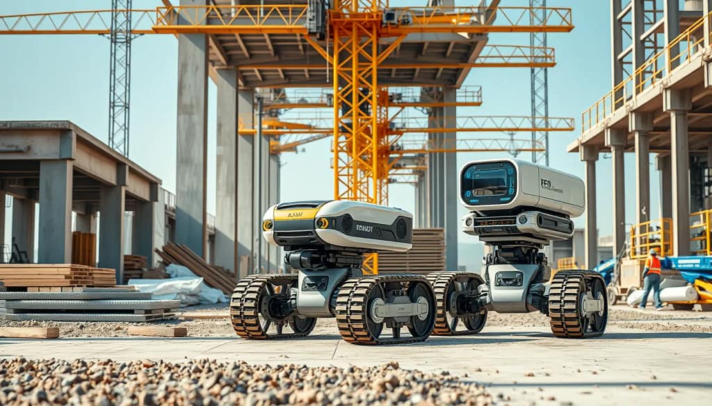 Chantier avec robots autonomes, renforçant l'efficacité et la sécurité