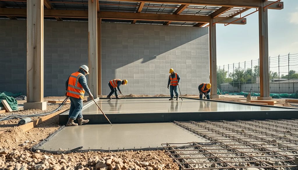 Coulage d’une dalle en béton bas carbone, chantier moderne avec outils de nivellement, chantier propre, focus sur l’innovation matériau.