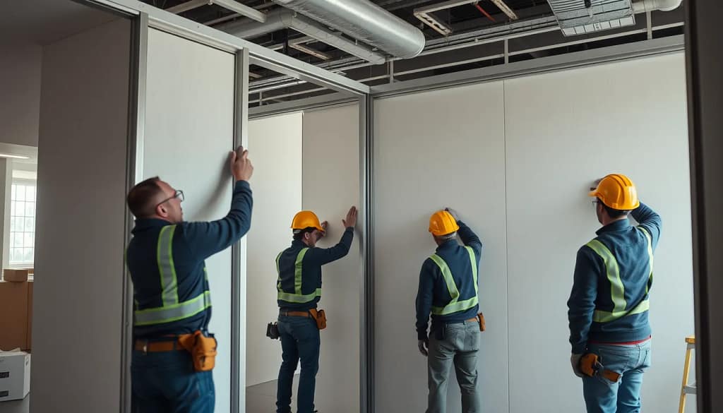 Pose moderne de cloisons démontables en plaques de plâtre modulaires, chantier innovant