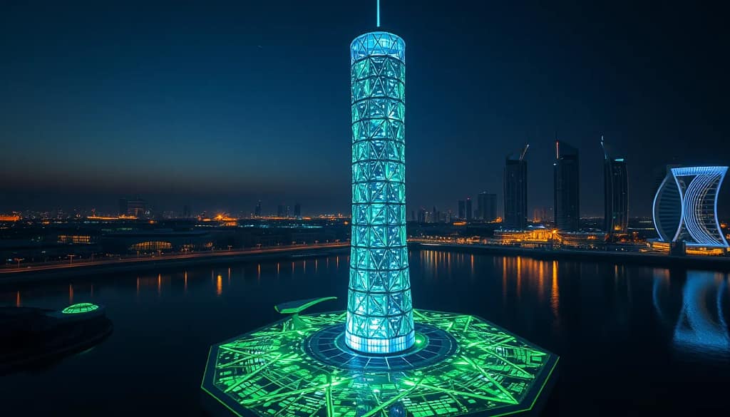 Vue de la tour en algues bioluminescentes à Dubaï illuminée en soirée, aspect écologique.