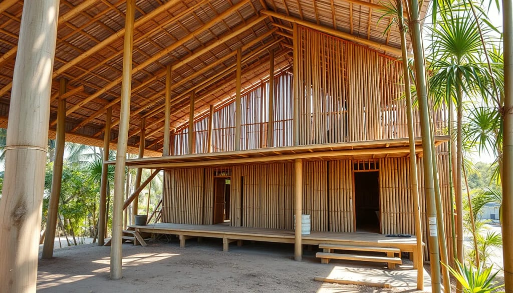 Construction avec du bambou en Asie, démontrant la construction durable