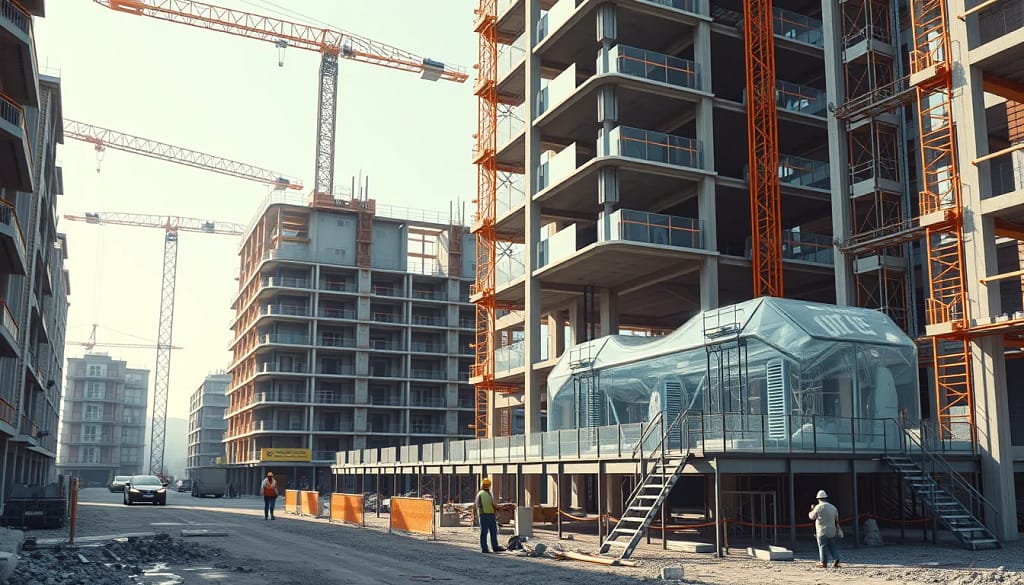 Photo d'un bâtiment en construction utilisant l'impression 4D, symbolisant le futur de la construction.