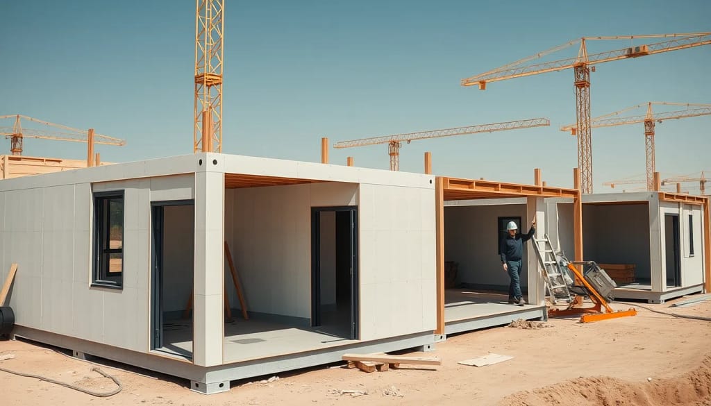 Vue d'un projet de construction modulaire aux Émirats Arabes Unis utilisant des techniques modernes.