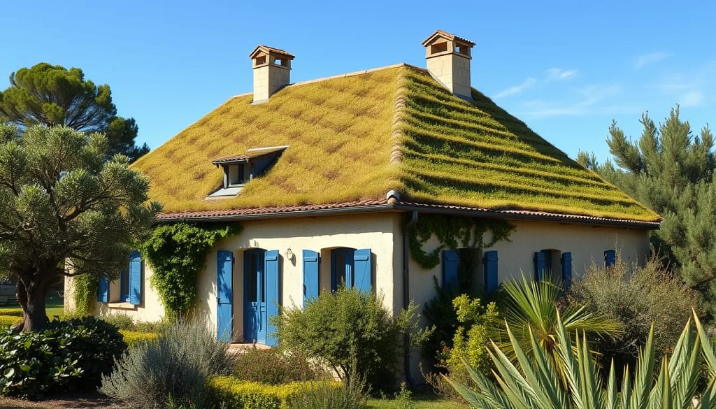 Toitures végétalisées sur un bâtiment provençal avec une vue de la végétation méditerranéenne