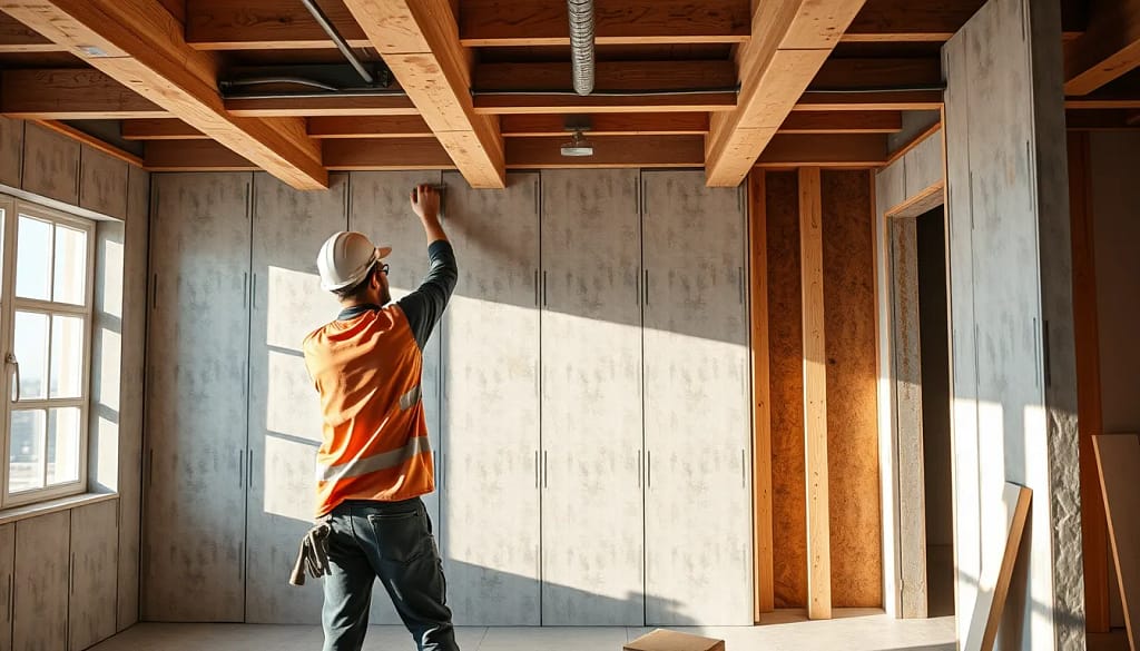 Scène de chantier avec plaques de plâtre écologiques en pose, matériaux durables.