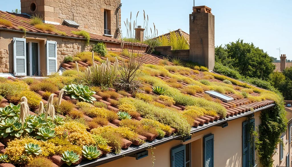 Vue depuis un toit végétalisé à Draguignan, avec plantes et décor méditerranéen.