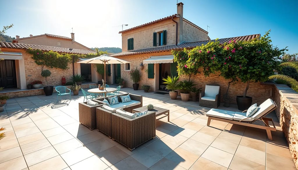Terrasse extérieure moderne en carrelage grès cérame dans le Var, Provence