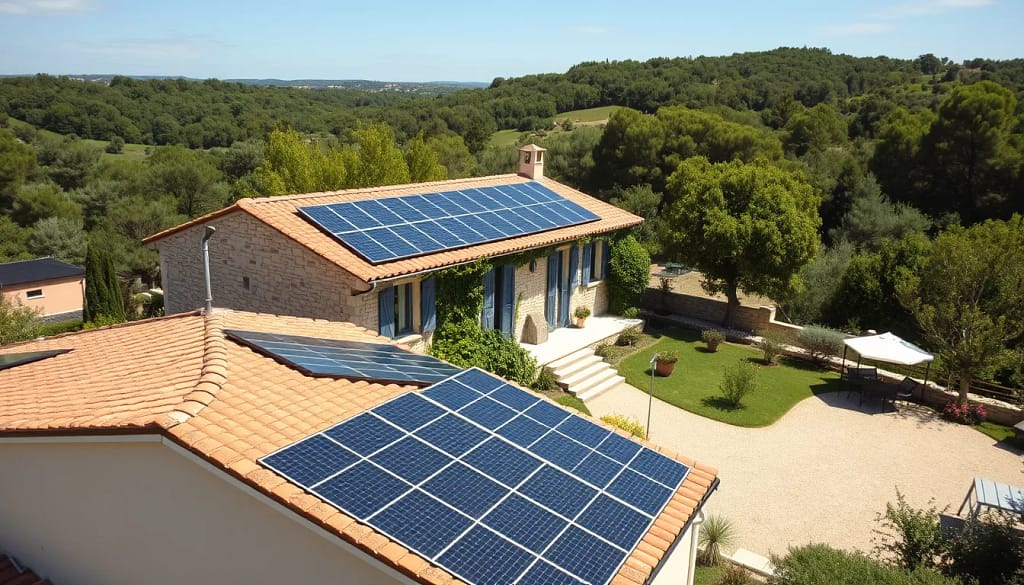 Vue d'une maison provençale rénovée à Draguignan avec des panneaux solaires.