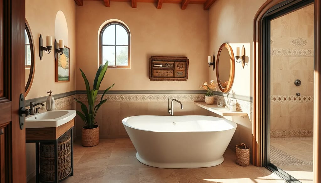 Salle de bain rénovée avec des matériaux méditerranéens typiques, ambiance provençale.