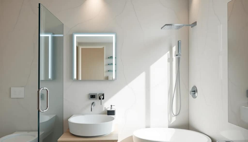 Salle de bain moderne et connectée, équipements intelligents intégrés